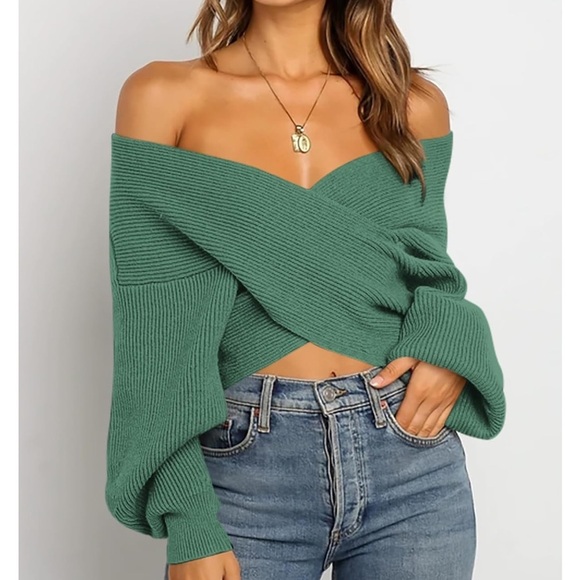 Women Casual V Neck Long Sleeve Sweaters Cross Wrap Front Off Shoulder Crop S - Picture 2 of 3